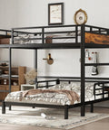 Black metal full-over-full bunk bed with wood-accent panels, guardrails, and ladder