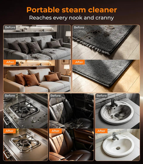 Handheld Steam Cleaner With Dual Core Fast Heating And One Point Eight Liter Tank For Homes Kitchens Bathrooms And Cars Generates Hella Hot Vapor That Cuts Through Grease Heavy Dirt And Sticky Gunk On The Fly For Fast Wipe Down Results in before and after cleaning images.