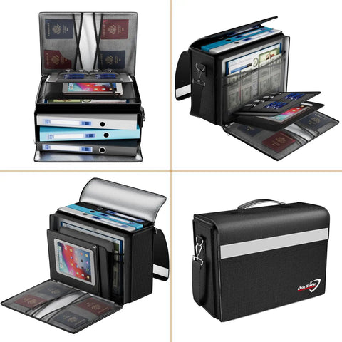 Fireproof Document Bag With Multiple Pockets Large Seventeen Inch By Twelve Point Five Inch By Seven Point Two Inch Waterproof File Organizer showing compartments with files, passports, and tablets.