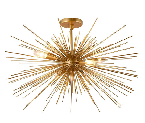 27 Inch Starburst Sputnik Ceiling Light Fixture In Brass Copper Gold Finish, Flush Mount Chandelier For Living Room