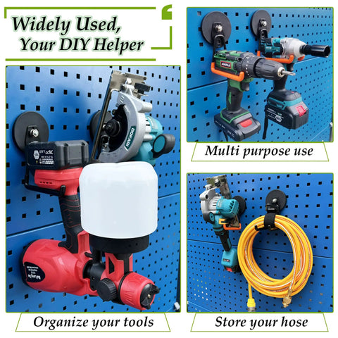 Heavy Duty Magnetic Tool Hooks Set, 2 Pack Neodymium Hangers holding tools on steel surface, showcasing organized drills and hose.
