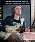 Musician using Compact Guitar Headphone Amp With Multi Effects, IR Loader, Tuner, And Rechargeable Battery while playing guitar