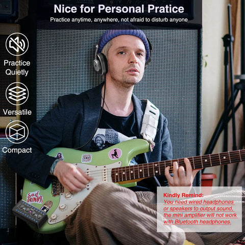 Musician using Compact Guitar Headphone Amp With Multi Effects, IR Loader, Tuner, And Rechargeable Battery while playing guitar