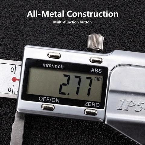 Close-up of All In One Outside Groove Caliper With High Resolution Readout showing 2.77mm on digital display, stainless steel body.