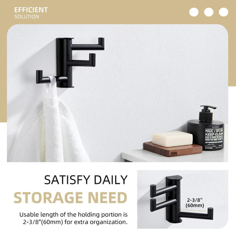 Super Slick Swivel Towel Hook With Three Turning Arms Matte Black Wall Mount Coat Rack holding a towel, showcasing three swivel arms.