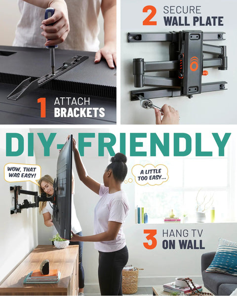 Heavy Duty Full Motion TV Wall Mount Bracket For Flat Screens Up To 82 Inches With smooth installation steps and tools shown.