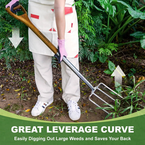 Person using Heavy Duty 4-Tine Stainless Steel Spading Fork With 43.9 Inch Ergonomic D Handle Garden Fork in garden for weeding
