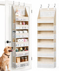 Real Deal Heavy Duty Over The Door Storage Rack With Six Tier Hanging Mesh Pockets, organized items including toiletries and toys.