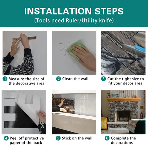 Installation steps for Peel And Stick Backsplash Tiles For Kitchen And Bathroom, 10 Piece PVC Self Adhesive Wall Tile Set, Dark Colorful Design.