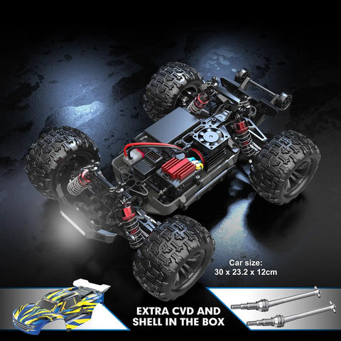 1/16 Scale Brushless 4x4 RC Truck With Dual Lipo Batteries, Off Road Rampage Ready, detailed chassis view with extra parts shown