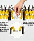 Heavy Duty Conveyor Belt Rollers With 1450 Lbs Load Capacity Adjustable Roller Stands connected with hook for extension.