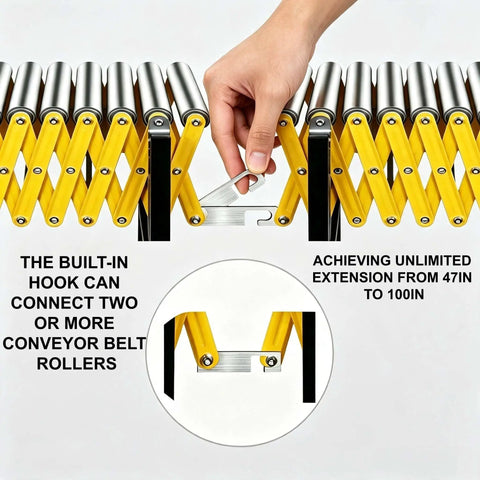 Heavy Duty Conveyor Belt Rollers With 1450 Lbs Load Capacity Adjustable Roller Stands connected with hook for extension.