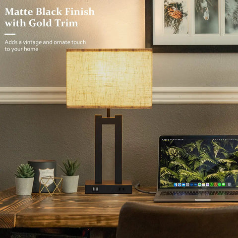 Table Lamps Set Of 2 With USB Charging Ports And AC Outlet, 3 Way Dimmable Touch Control Nightstand Lamps, Beige Linen Shade, LED Bulb Included