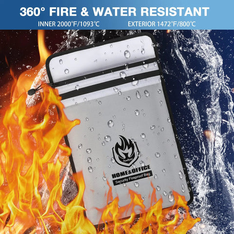 Two Pocket Fireproof Document Bag 2000 Degree Waterproof Money Bag for Cash and Important Papers, 15 by 11 Inch Zipper Organizer