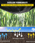 Heavy Duty Weed Barrier Fabric 4 By 300 Feet Woven Landscape Ground Cover For Gardens And Lawns Tough As Nails Weed Control Geotextile Mat showing water permeation for sunlight stopping, soil humidity retention, and breathable soil.