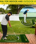 Man practicing on 5x4ft dual turf golf hitting mat with built in ball tray, alignment guide, seven hitting holes for driving and chipping.