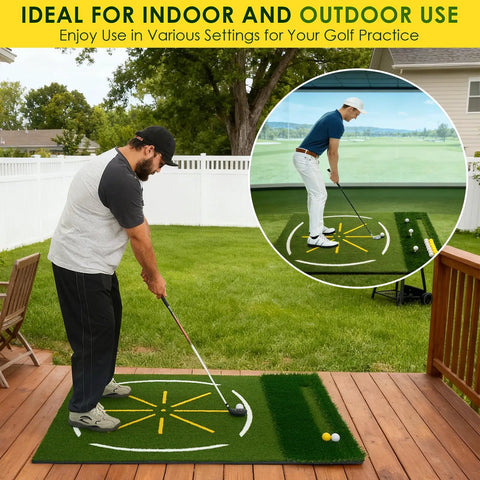 Man practicing on 5x4ft dual turf golf hitting mat with built in ball tray, alignment guide, seven hitting holes for driving and chipping.