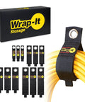 Heavy Duty Cable Organizer Straps 12 Pack For Hanging On Wall In Garage RV And Home Use showing box and yellow cords