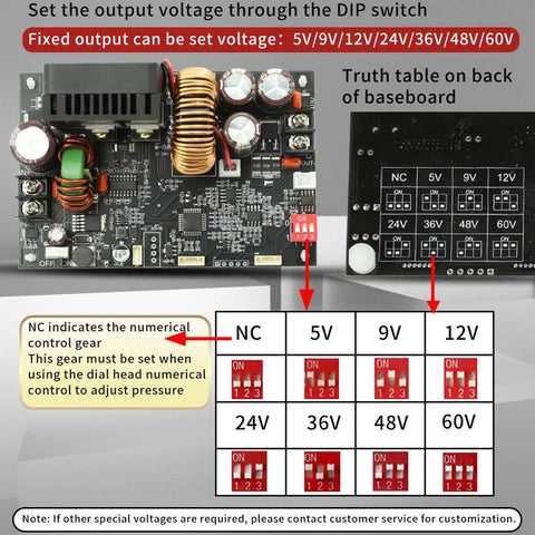 CNC Adjustable Power Supply 0 To 60V 20A 1200W DC Converter With LCD Display showing DIP switch voltage settings and truth table
