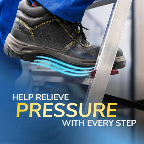 All Day Work Insoles With Massaging Gel For Women One Pair Trim To Fit inside work boots on a ladder showing arch support
