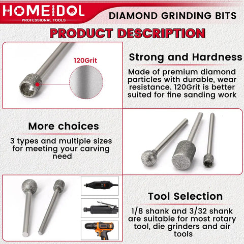 Engraving Bits Set For Rotary Tools With Diamond Grinding Bits In Ball, Hollow Cup, And Cylindrical Shapes; Includes 3 Collets