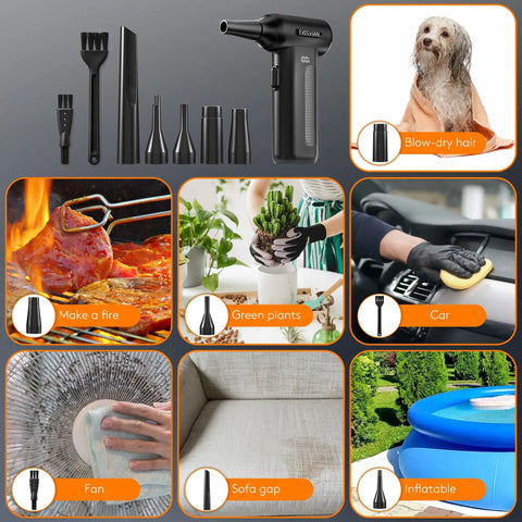 Electric Air Duster For Keyboard Cleaning With 150000 RPM And 10000mAh Battery shown with various cleaning uses, including plants and pets.