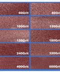 Grid of various sandpaper textures with grit numbers from 60 to 600 visible for comparison.