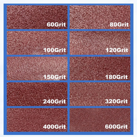 Grid of various sandpaper textures with grit numbers from 60 to 600 visible for comparison.