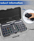 Open 24 In 1 Magnetic Ratchet Screwdriver Set With Detachable Handle displaying bits and measurements, case held by a hand