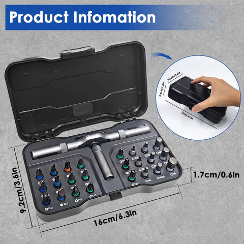 Open 24 In 1 Magnetic Ratchet Screwdriver Set With Detachable Handle displaying bits and measurements, case held by a hand