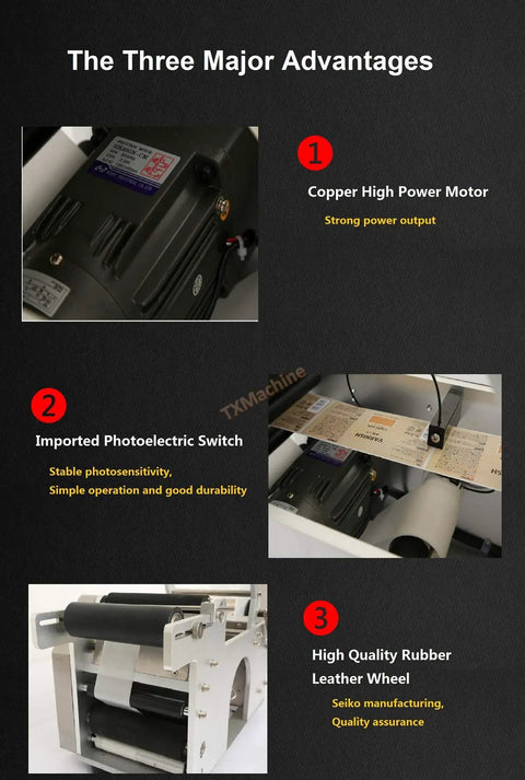 No Sweat Semi Automatic Round Bottle Labeling Machine Built Tough Label Applicator showing copper motor and photoelectric switch features.