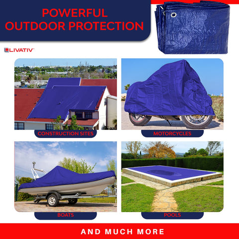 Heavy Duty 50X50 Foot Waterproof Tarpaulin Tarp Cover 5 Mil Thick Blue covering various outdoor items like house, motorcycle, boat