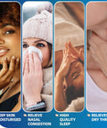 Four-panel image showing benefits: moisturized skin, nasal congestion relief, high-quality sleep, and relief of dry throat.