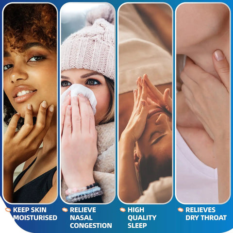 Four-panel image showing benefits: moisturized skin, nasal congestion relief, high-quality sleep, and relief of dry throat.