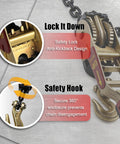 Close-up of Heavy Duty Ratchet Chain Binders with Grab Hooks, 5400 lbs working load limit, safety lock system, and anti-kickback feature.