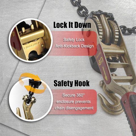 Close-up of Heavy Duty Ratchet Chain Binders with Grab Hooks, 5400 lbs working load limit, safety lock system, and anti-kickback feature.