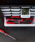 36 Drawer Parts Storage Cabinet For Garage And Workshop Built Tough Organizer with open drawers showing screws and screwdrivers