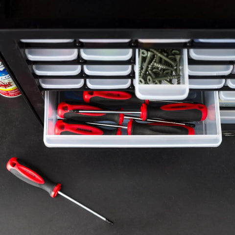 36 Drawer Parts Storage Cabinet For Garage And Workshop Built Tough Organizer with open drawers showing screws and screwdrivers