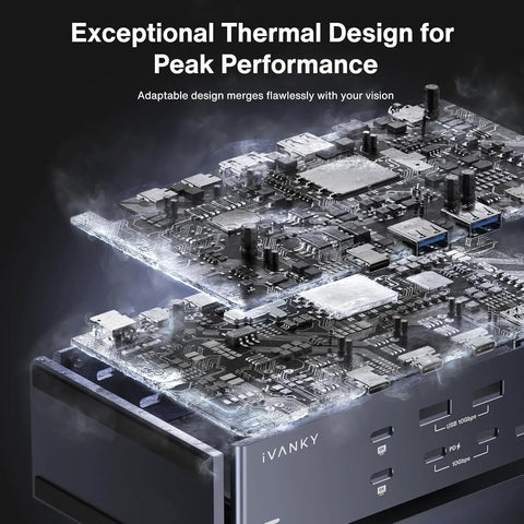 Kick Your Daily Grind Into Hyperdrive With This Rock Solid Thunderbolt 4 DisplayLink Dock Designed For A Smooth Six Screen Setup Featuring Quad 6K Plus Dual 4K Output Built To Handle Heavy Apple M Series Mac Workflows Like A Champ. Close-up of the thermal design in the Thunderbolt 4 docking station.