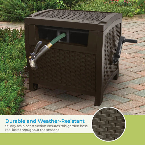 Wicker Style Hose Hideaway With 175 Ft Resin Hose Reel Java Outdoor Garden Reel With Slide Trak Guide And Crank Handle