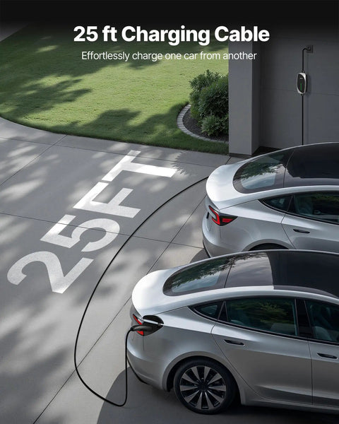 Tesla Level 1 2 Portable EV Charger 16 Amp With 25 Ft Cable Led Indicator plugged into a car in a driveway.