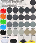 All In One 261 Piece 3 Inch Sanding Discs Kit with wet dry sandpaper sheets, grits 60 to 10000, sponge buffing pads, backer plates.