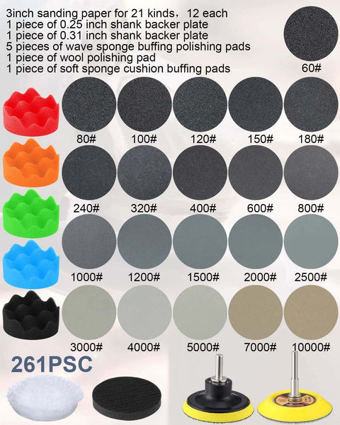 All In One 261 Piece 3 Inch Sanding Discs Kit with wet dry sandpaper sheets, grits 60 to 10000, sponge buffing pads, backer plates.