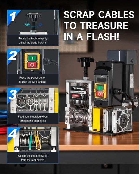 180W Automatic Wire Stripper Machine With Five Blades showing setup instructions and buttons for operation