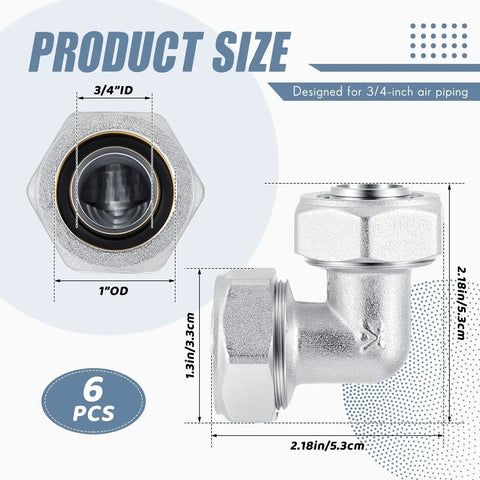 Diagram of Six Pack Three Quarter Inch Elbow Air Piping Fittings Brass Nickel Plated for shop compressed air line system with measurements.