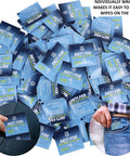 Anti-fog wipe packets, blue and individually wrapped, piled for glasses and screens (front view)