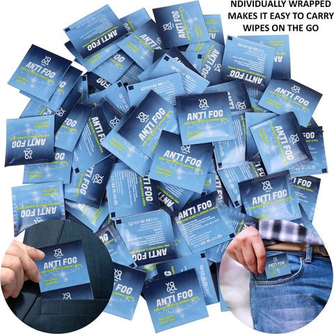 Anti-fog wipe packets, blue and individually wrapped, piled for glasses and screens (front view)