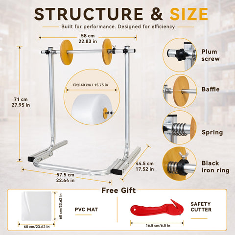 Heavy Duty Manual Bubble Wrap Roll Dispenser For Shipping Supplies Moving Tasks And Small Biz Packing With Safety Cutter And Nonslip Base, dimensions shown.