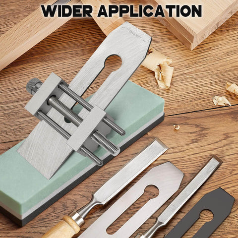 Chisel Sharpening Jig With Lightweight All Metal Honing Guide System, Adjustable Angle Gauge And Fixture on wood table