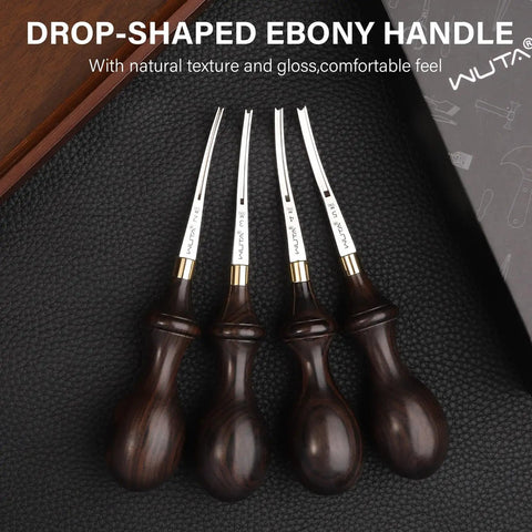 Leather Edge Beveler Pro 1mm Skiving Tool with drop-shaped ebony handle, set of bevelers on black surface.